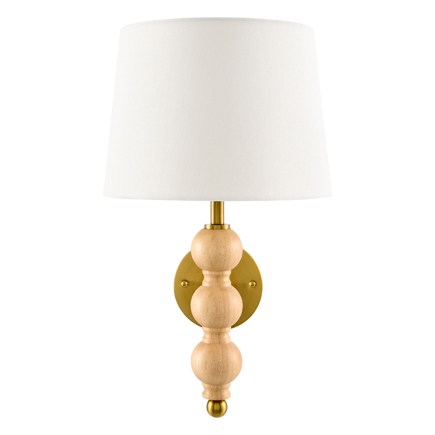 Wall-mounted lamp with wooden base and white shade on a white background