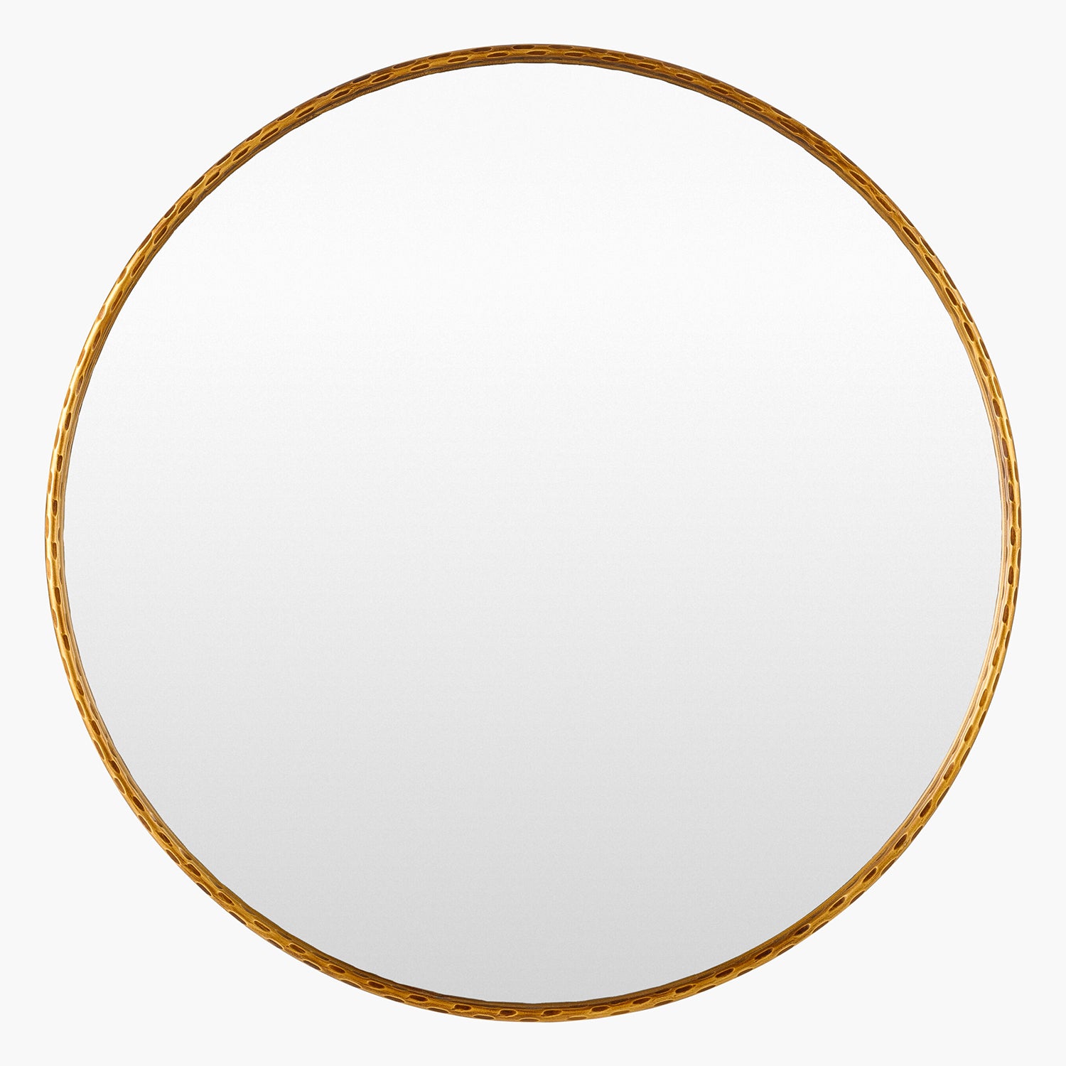 Round mirror with a gold frame on a white background
