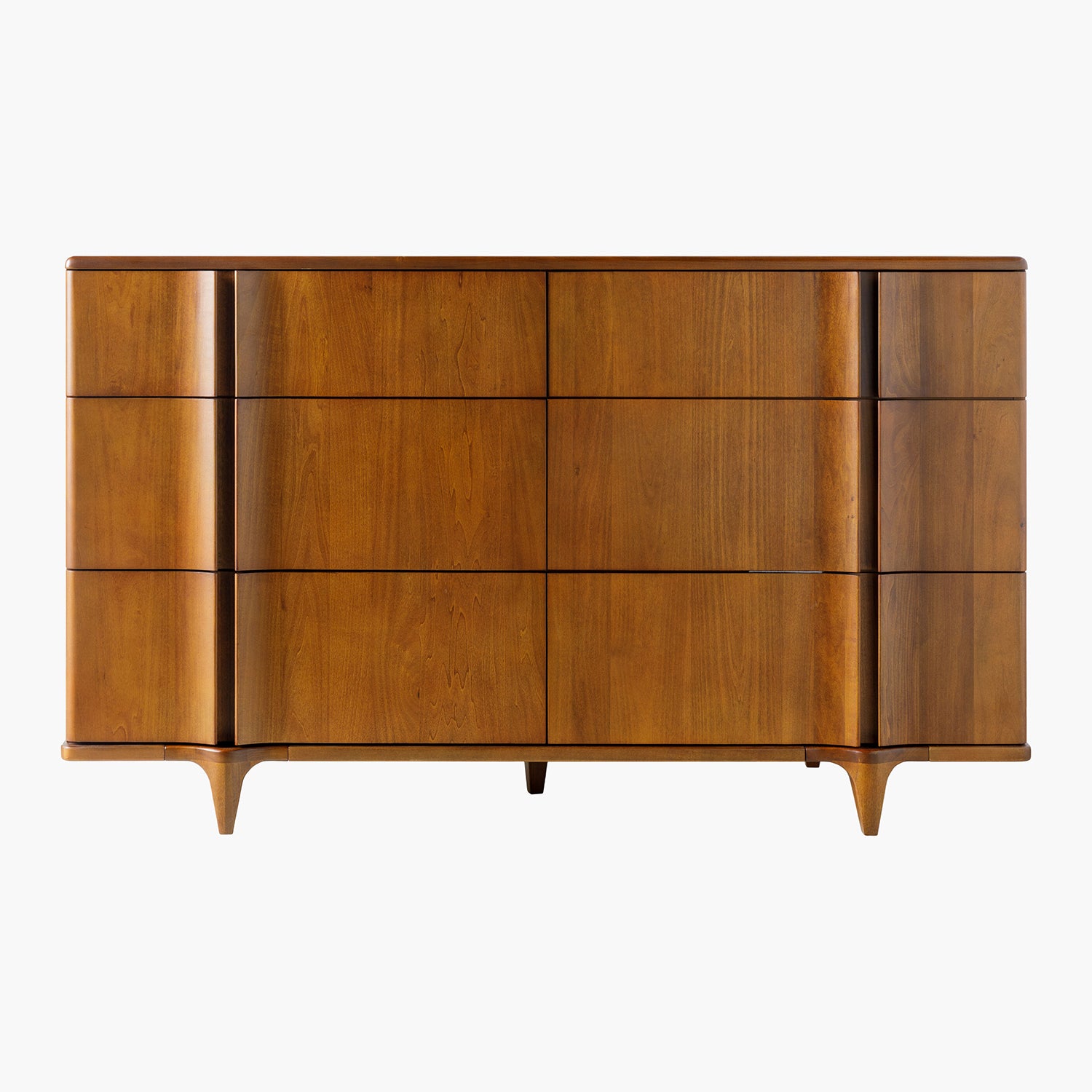 Wooden dresser with multiple drawers on a white background