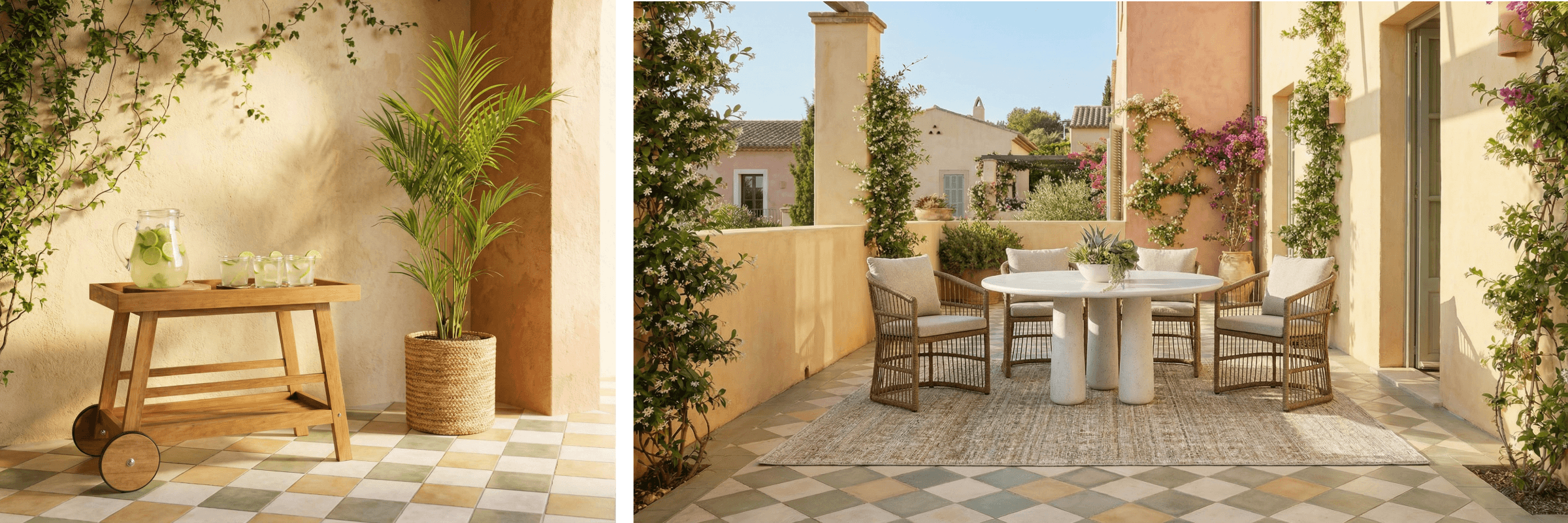 Outdoor patio area with furniture and plants, transitioning to a wider view of the patio.
