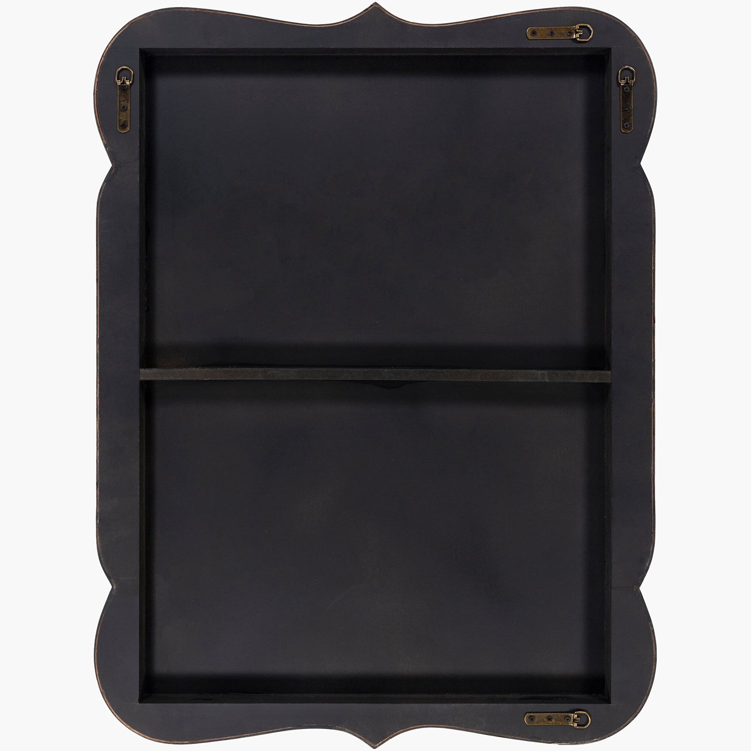 Black decorative tray with ornate edges on a white background