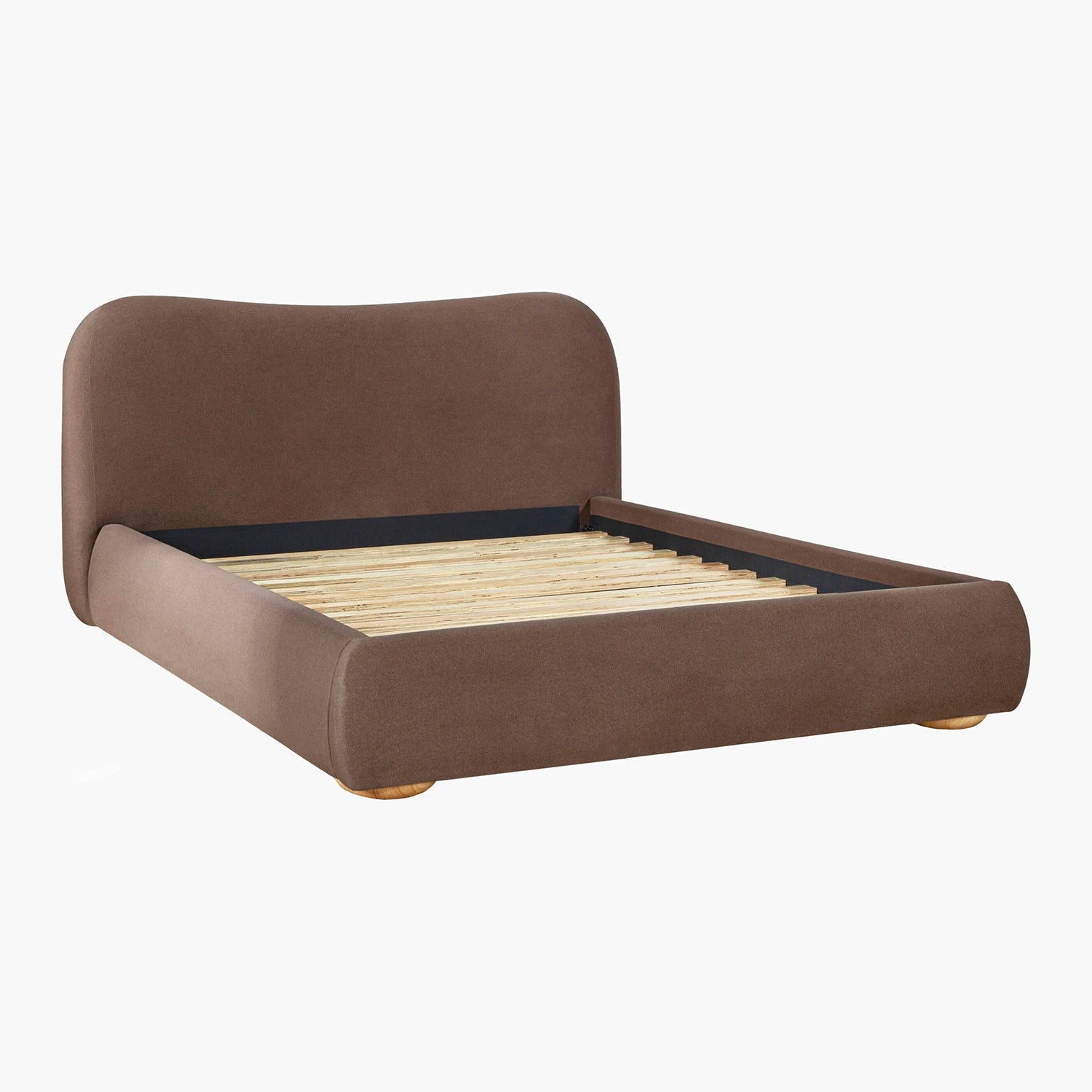 Brown upholstered bed with wooden slats on a white background