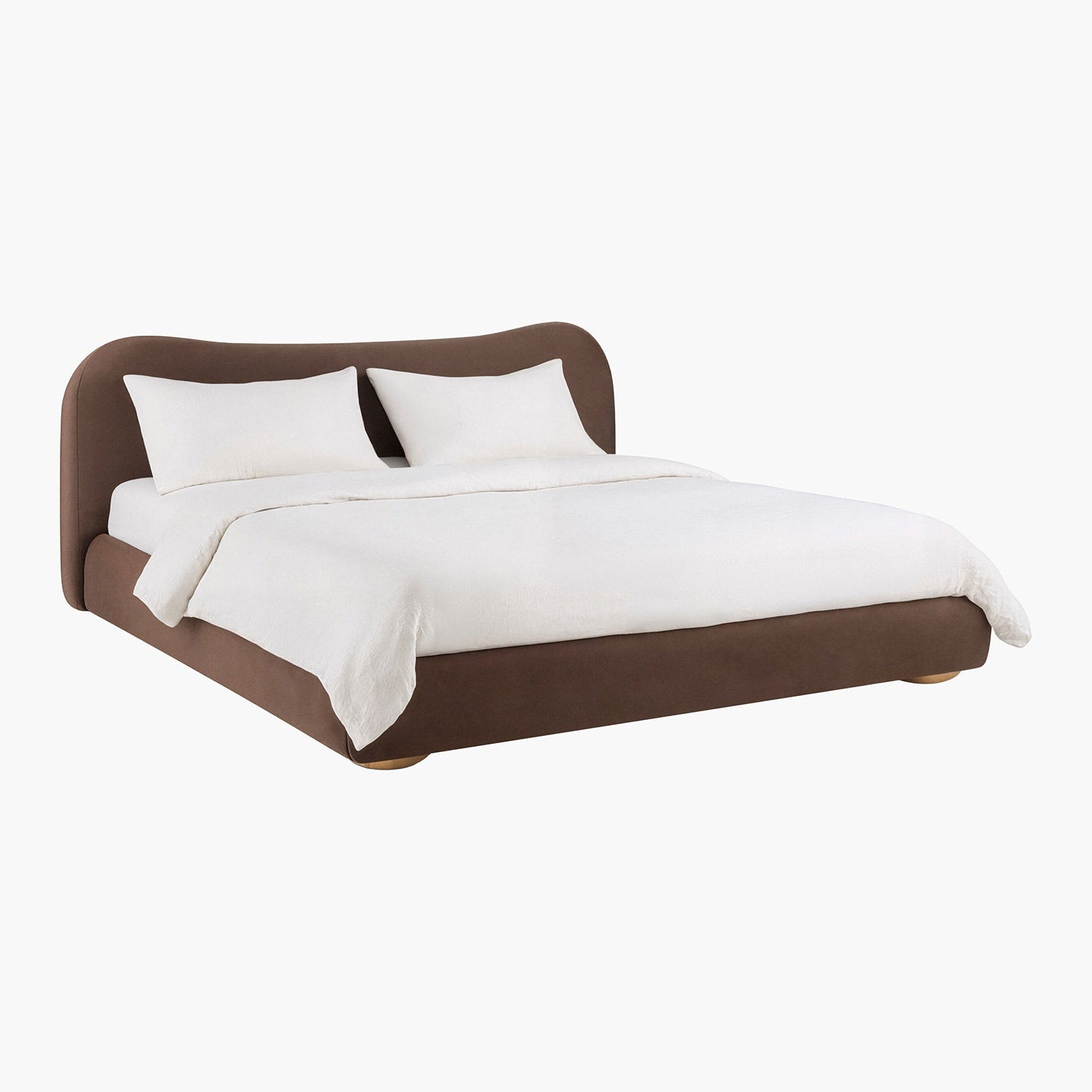 Bed with brown frame and white bedding on a white background