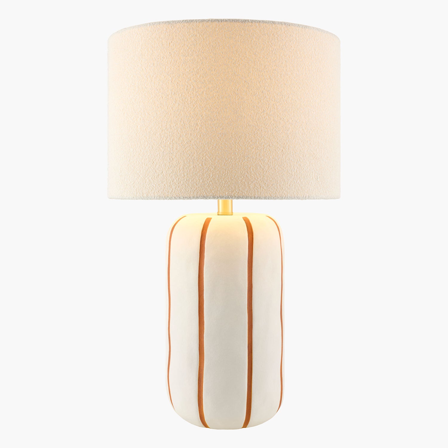 Table lamp with a textured white base and beige lampshade on a white background