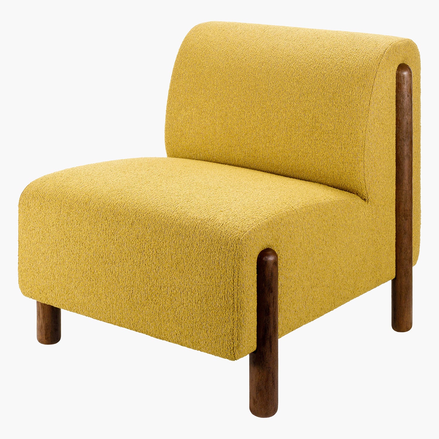 Yellow armchair with wooden legs on a white background