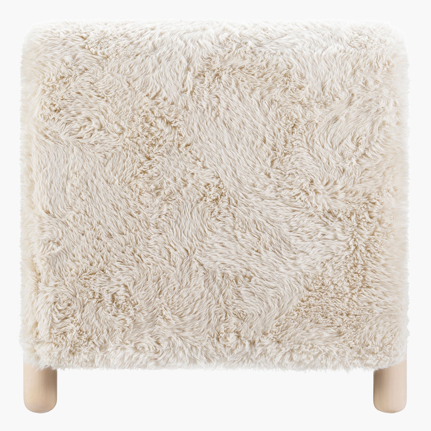 Fluffy white stool with wooden legs on a white background