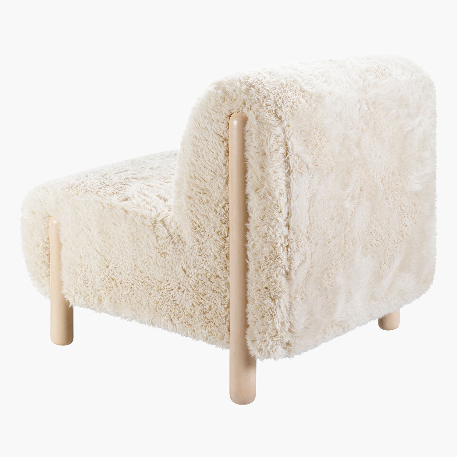 White fluffy chair with wooden legs on a white background