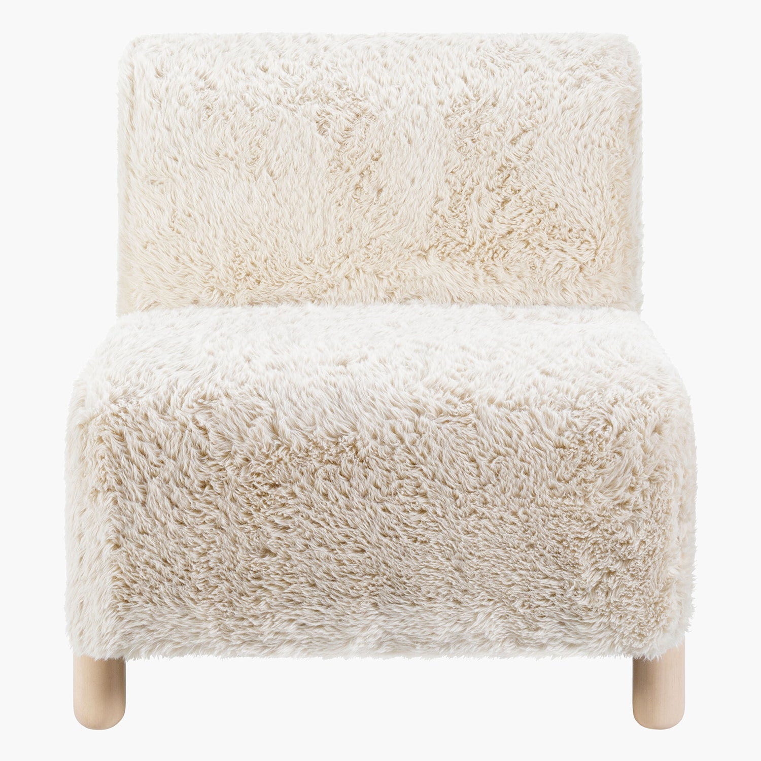 Fluffy white chair with wooden legs on a white background