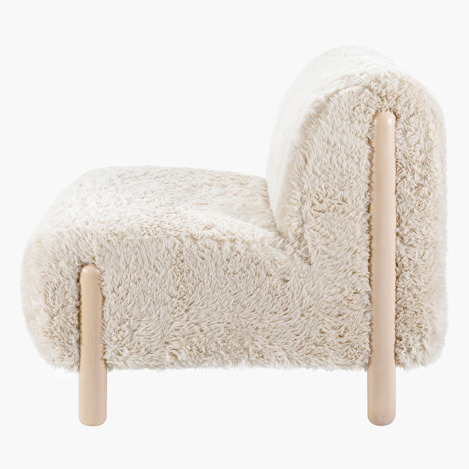 Fluffy beige chair with wooden legs on a white background