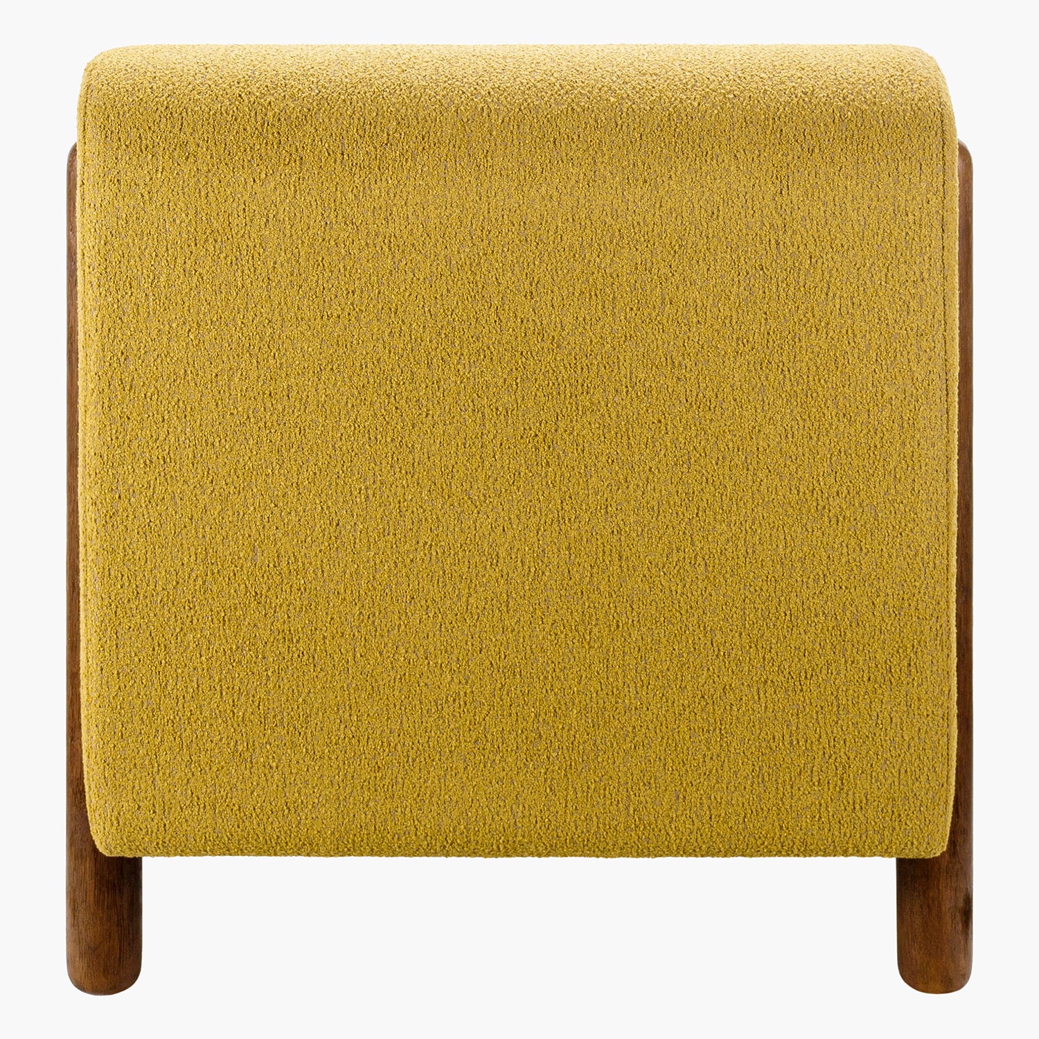 Yellow upholstered chair with wooden legs on a white background