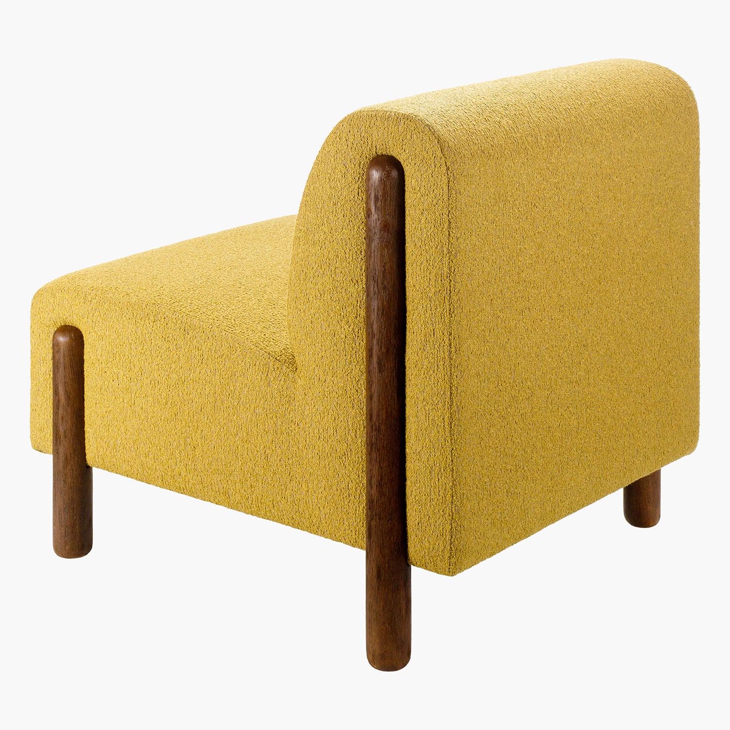 Yellow armchair with wooden arms and legs on a white background