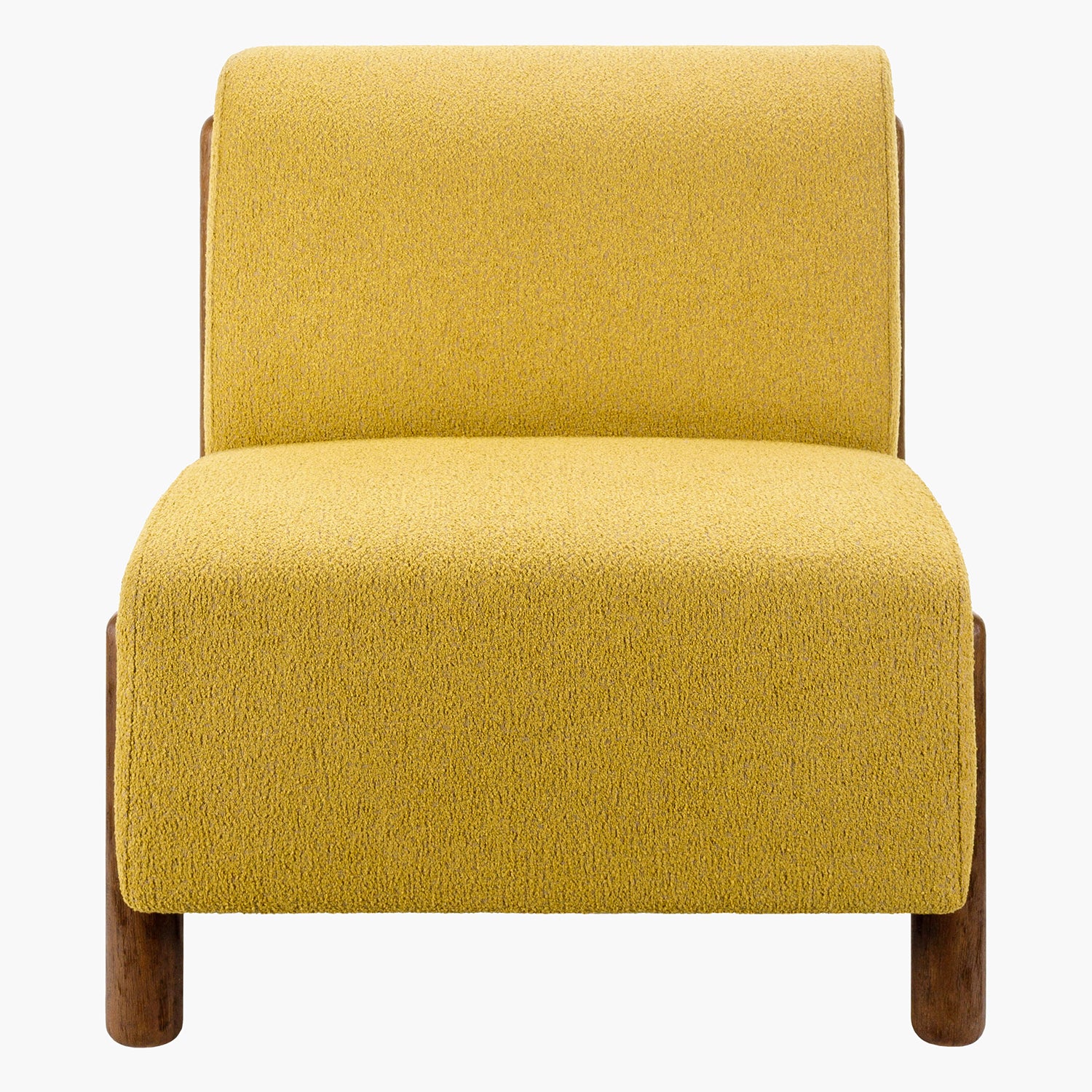 Yellow armchair with wooden legs on a white background