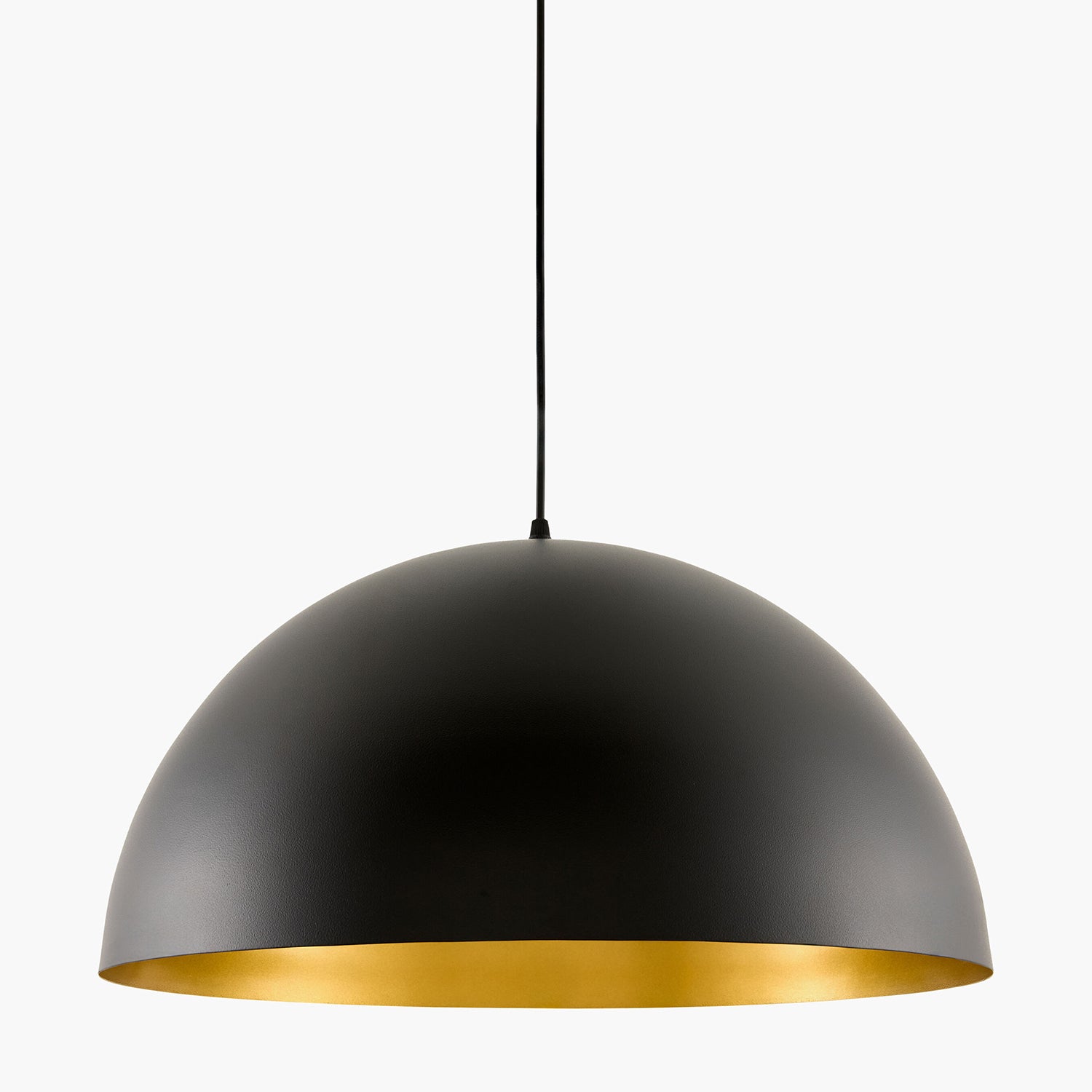 Black pendant light with gold interior on a white background
