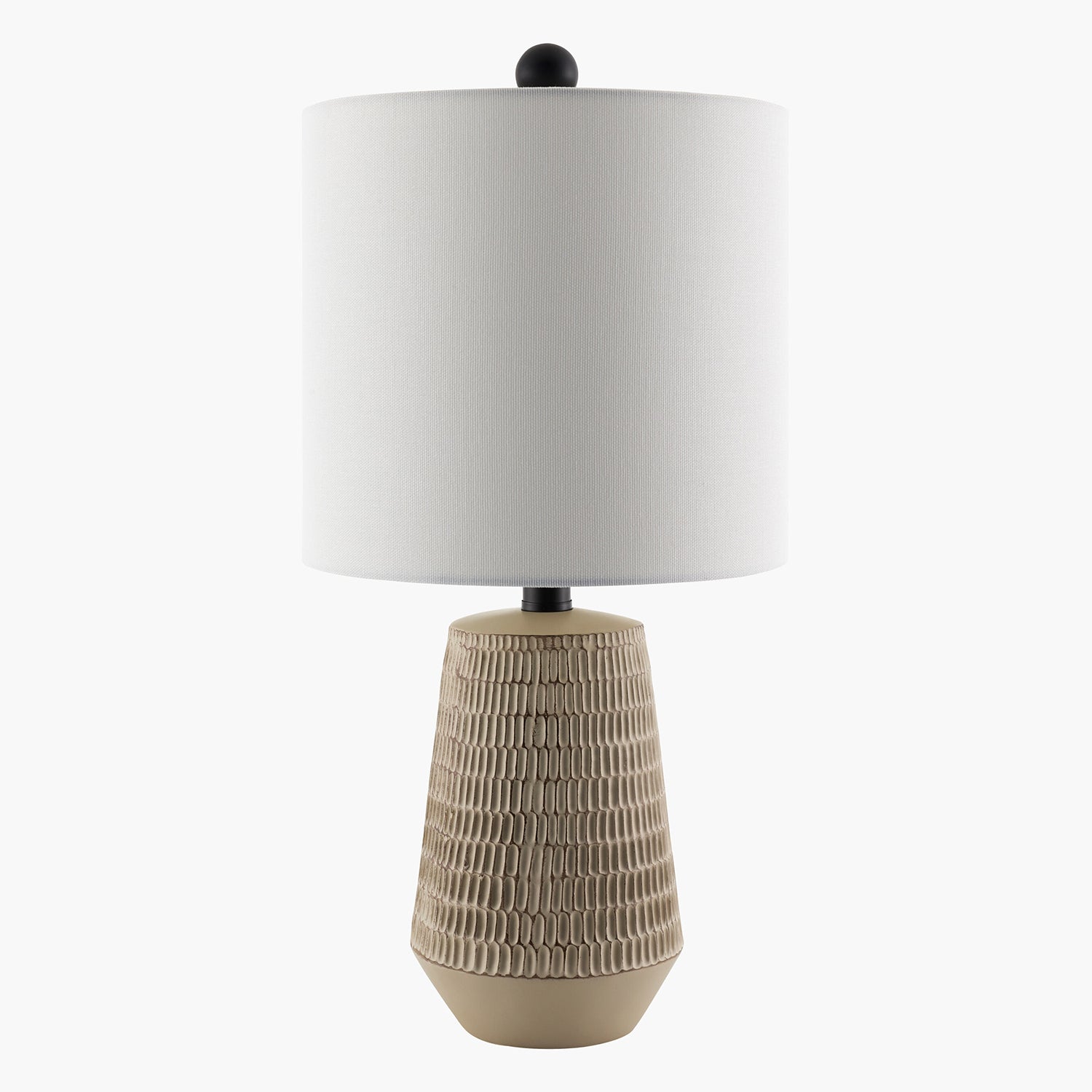 Table lamp with textured beige base and white shade on a white background