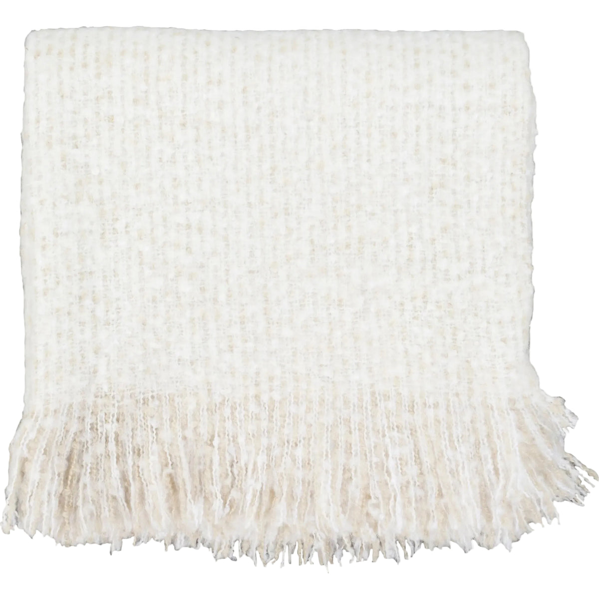 White knitted throw blanket with fringe on a white background
