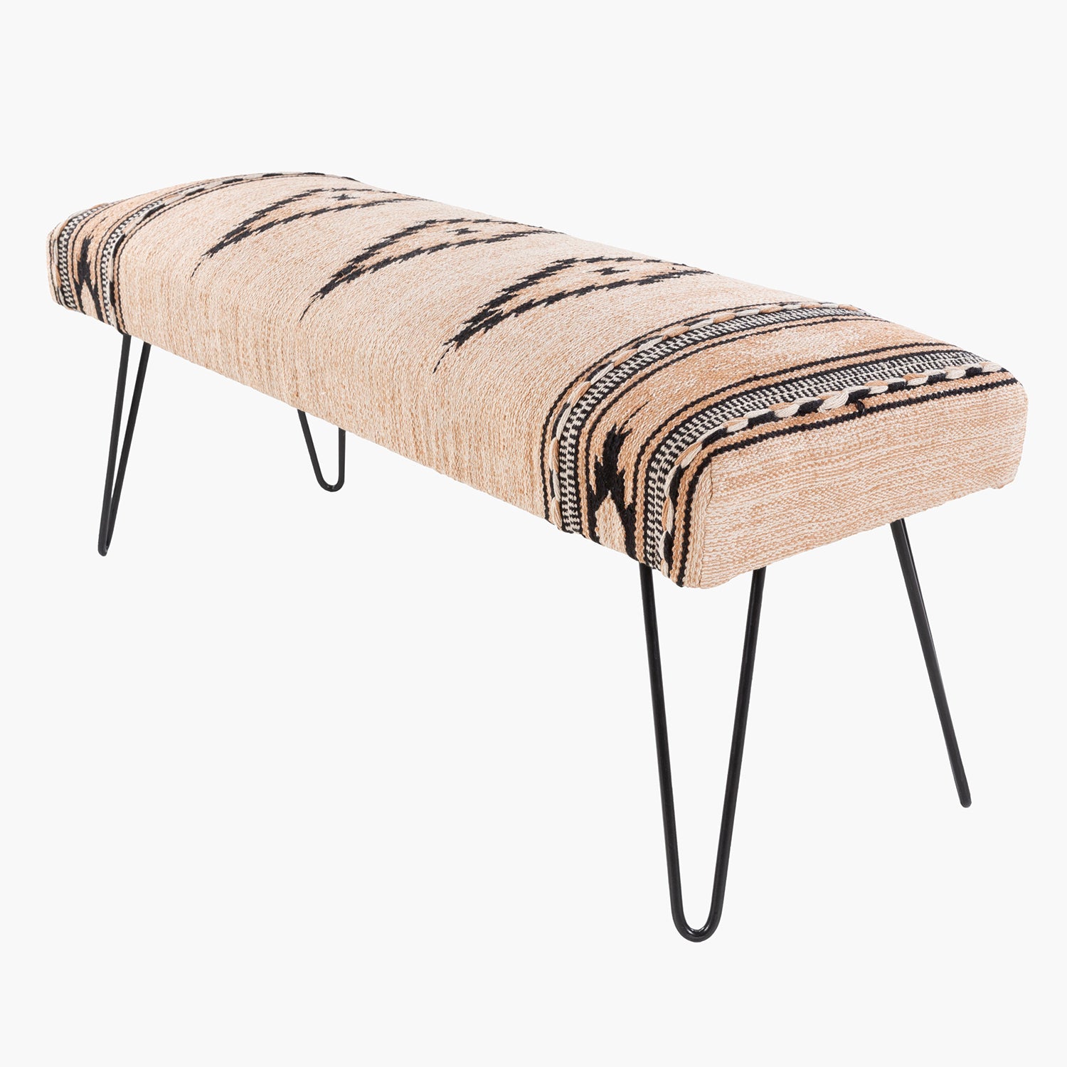 Beige patterned bench with black hairpin legs on a white background