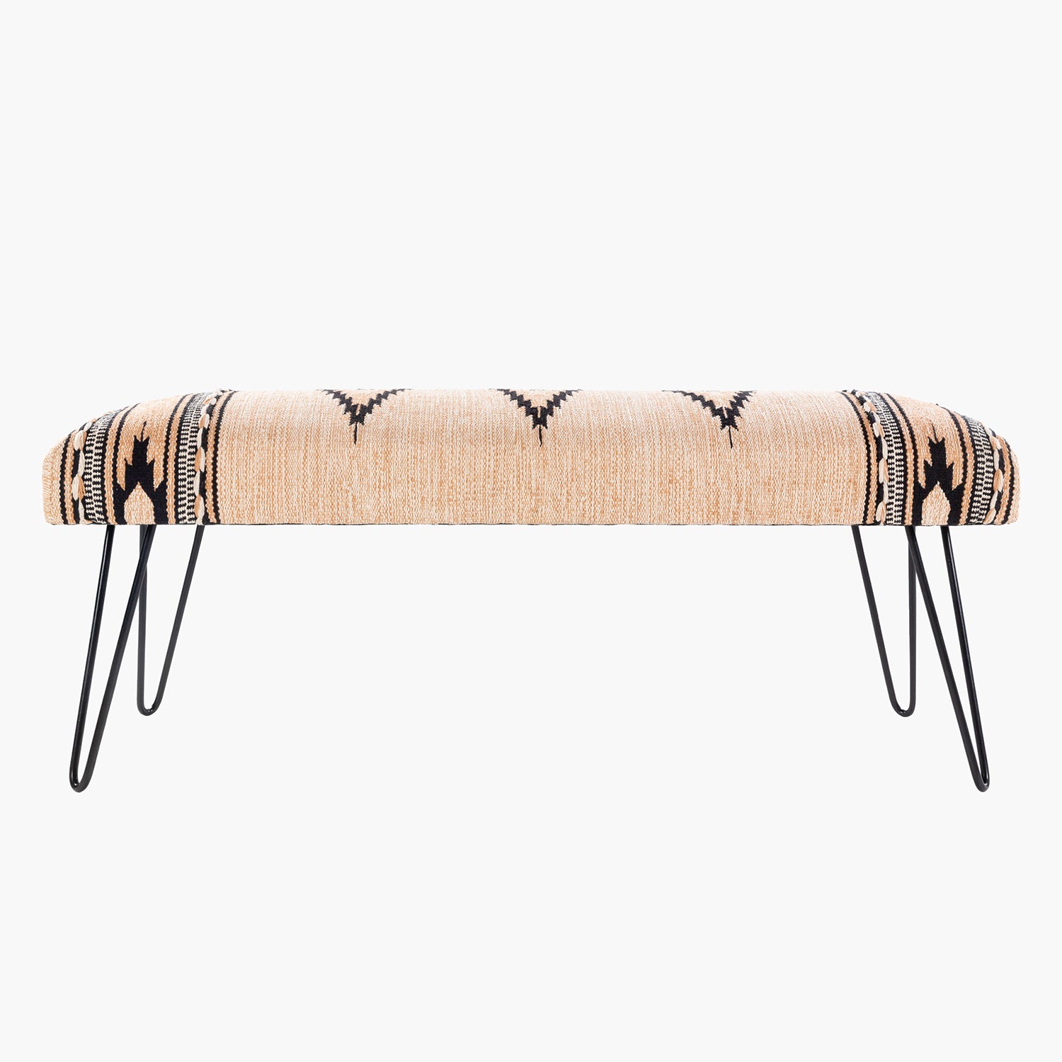 Bench with patterned cushion and black hairpin legs on a white background