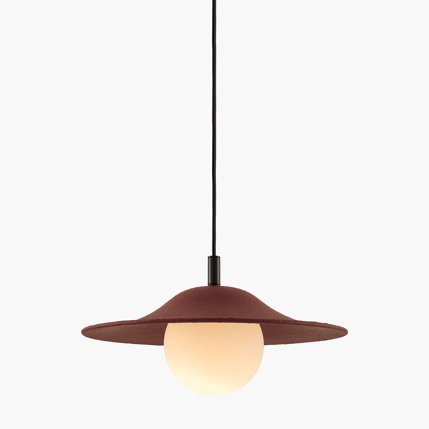 Brown pendant light with a white bulb on a white background