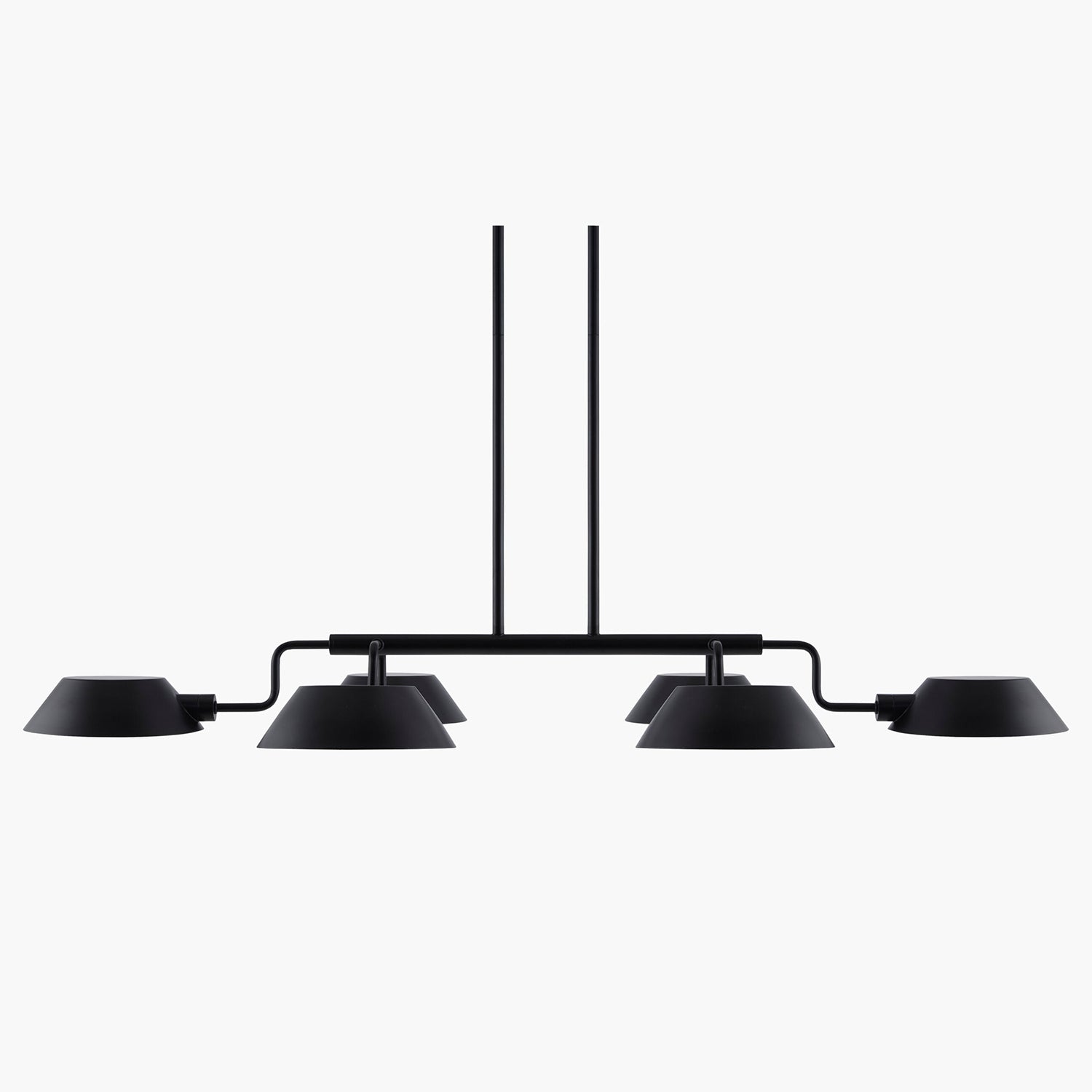 Modern black pendant light with six lampshades on a white background