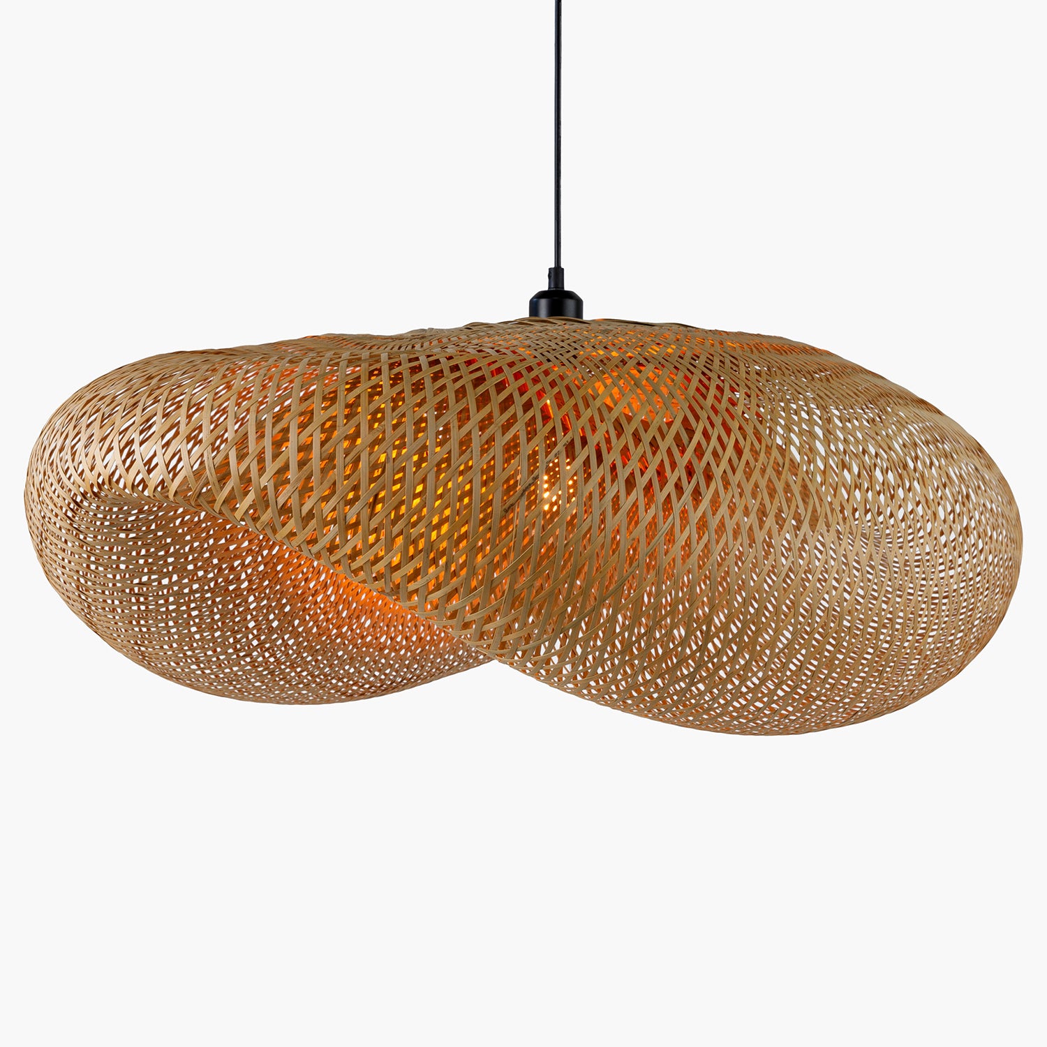 Woven pendant light on a white background