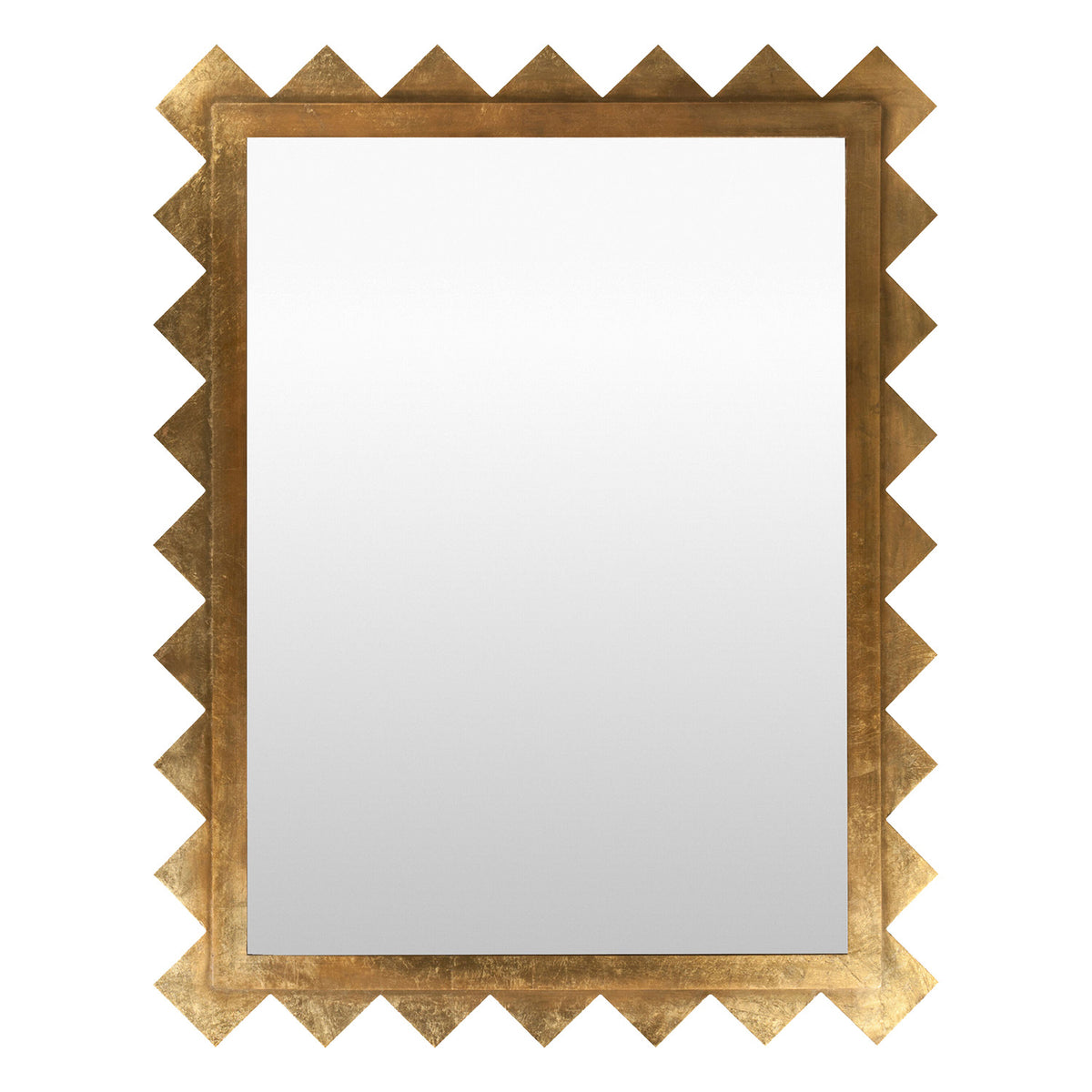 A rectangular wall mirror with a decorative metallic gold frame featuring a scalloped, zigzag border.