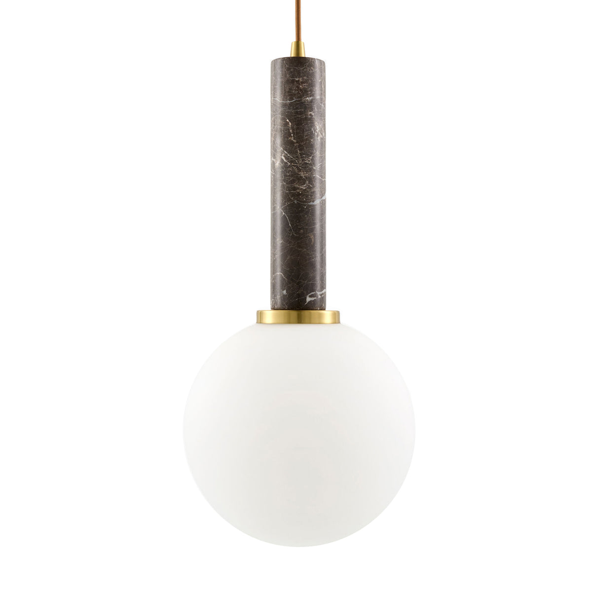 A modern pendant light fixture featuring a large, matte white spherical shade, a cylindrical dark brown marble stem with gold metal accents, and a gold suspension cord, shown against a solid white background.
