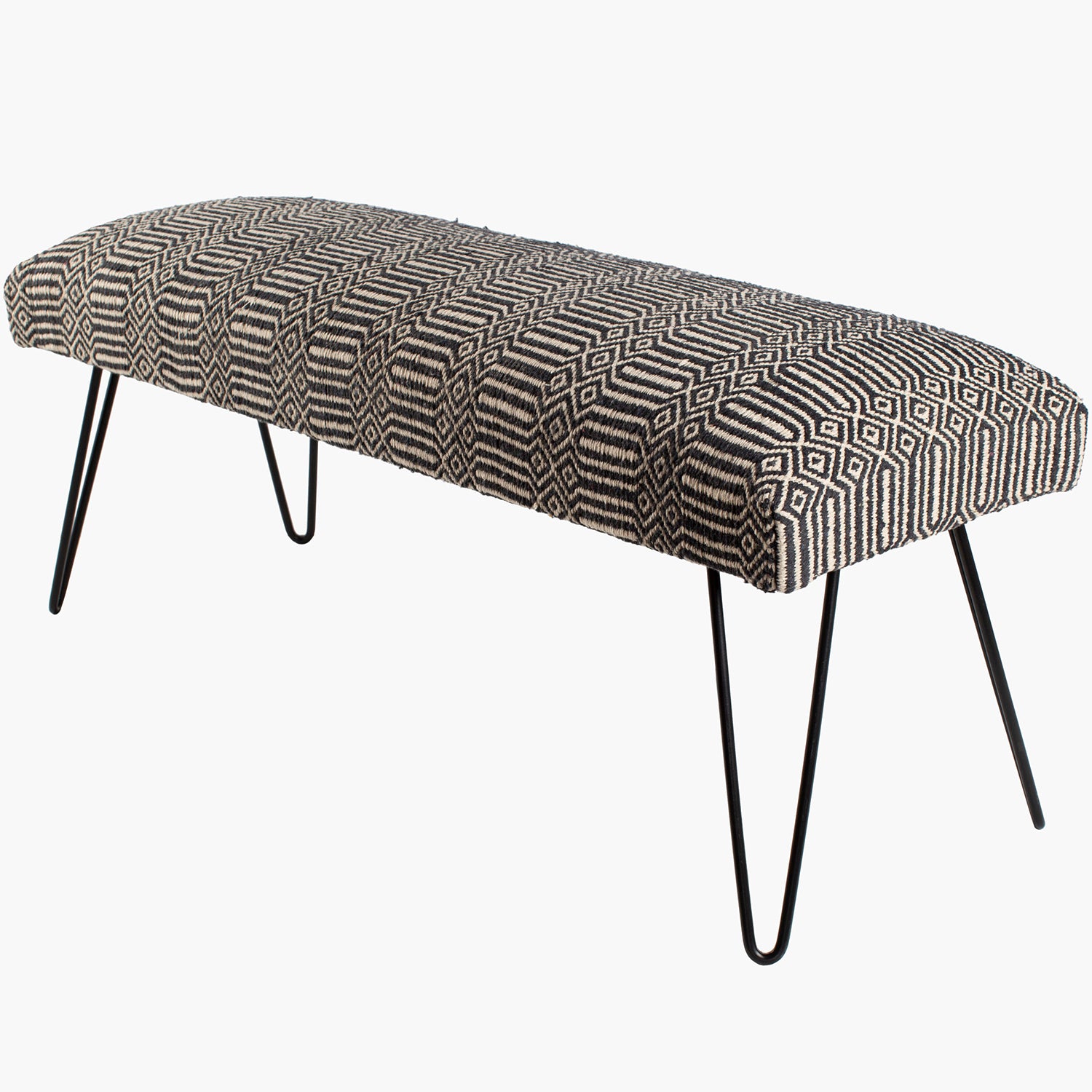 Patterned bench with black hairpin legs on a white background