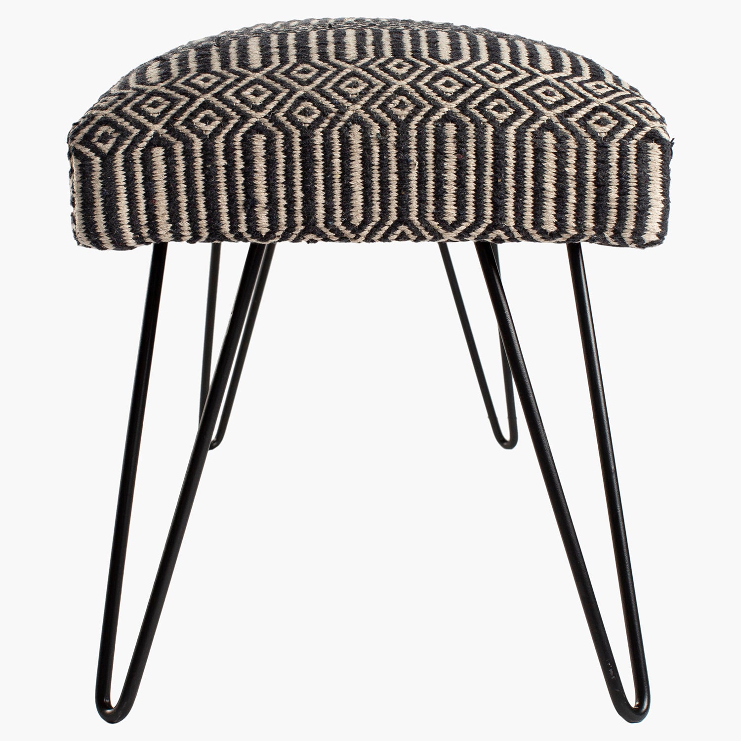 Stool with patterned cushion and black hairpin legs on a white background