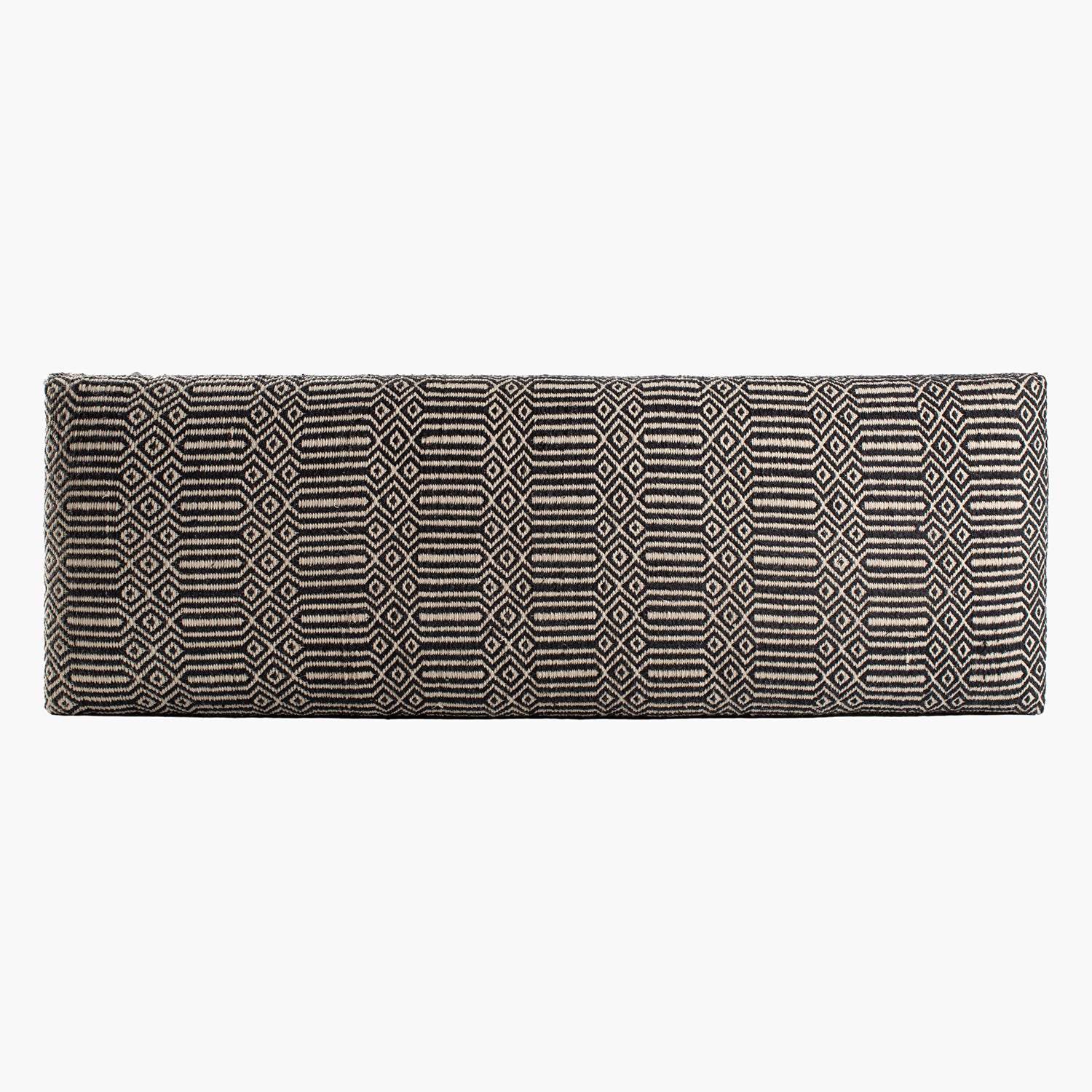 Rectangular woven mat with a geometric pattern on a white background