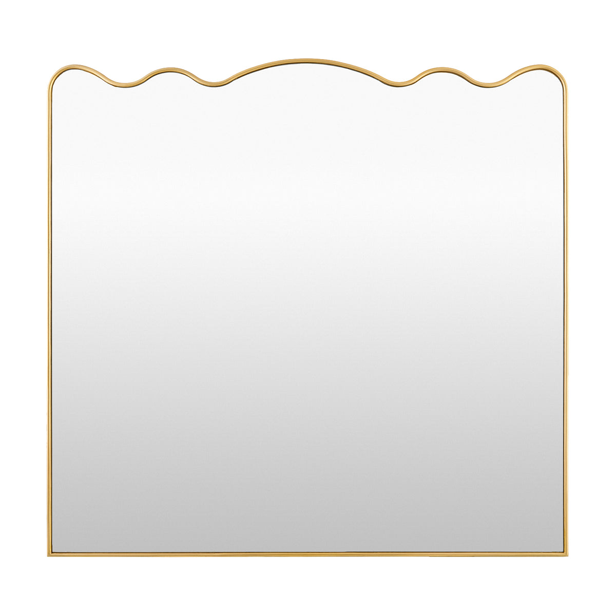 A rectangular wall mirror with a thin gold frame and a wavy scalloped top border, shown against a plain white background.
