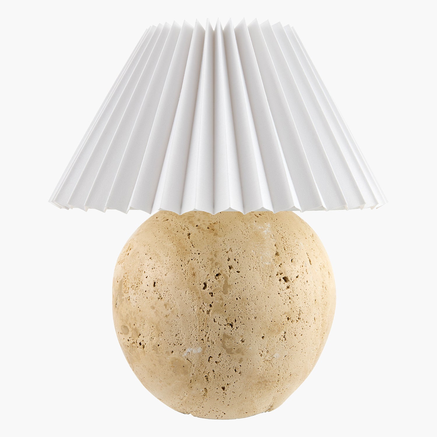 Lamp with a textured beige base and white pleated shade on a white background