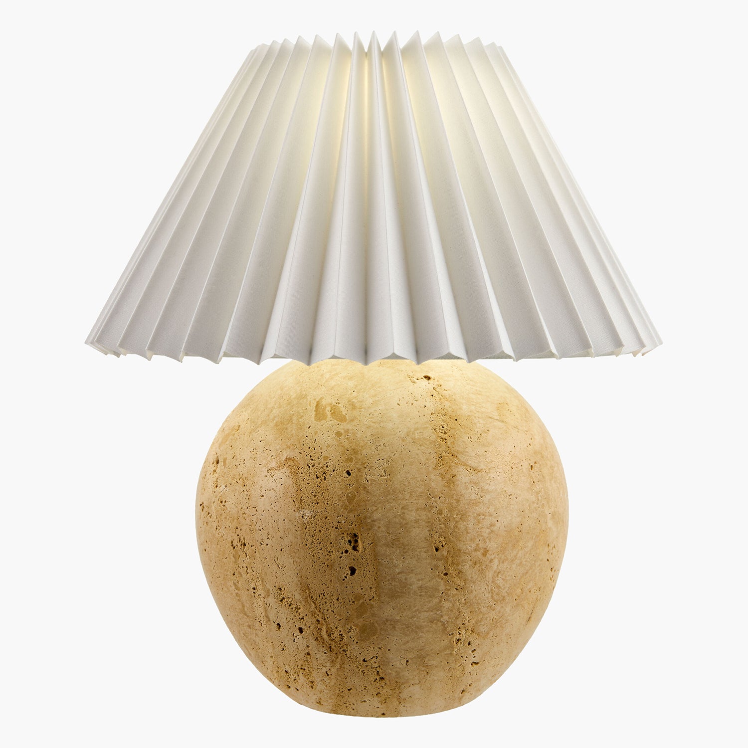 Lamp with pleated white shade on a beige spherical base