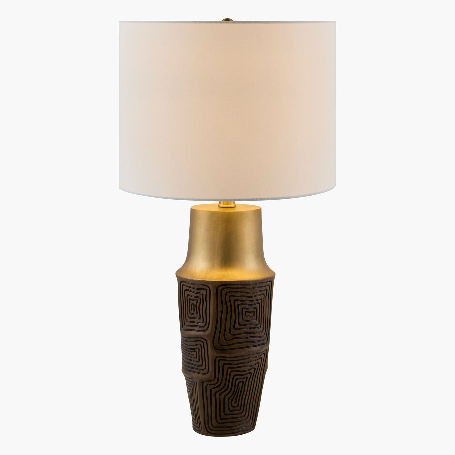 Table lamp with a brown textured base and gold accent on a white background