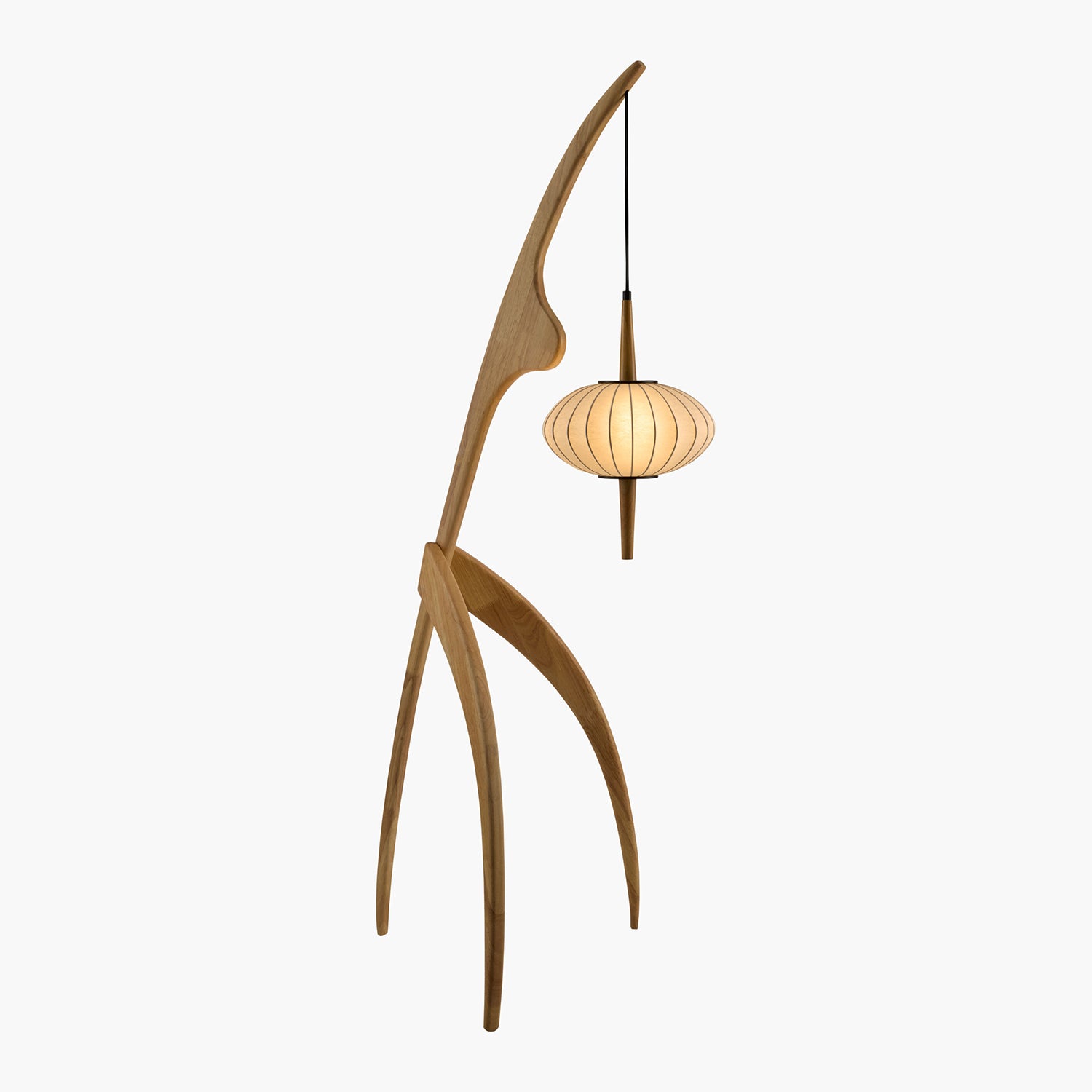 Wooden floor lamp with a hanging light bulb on a white background