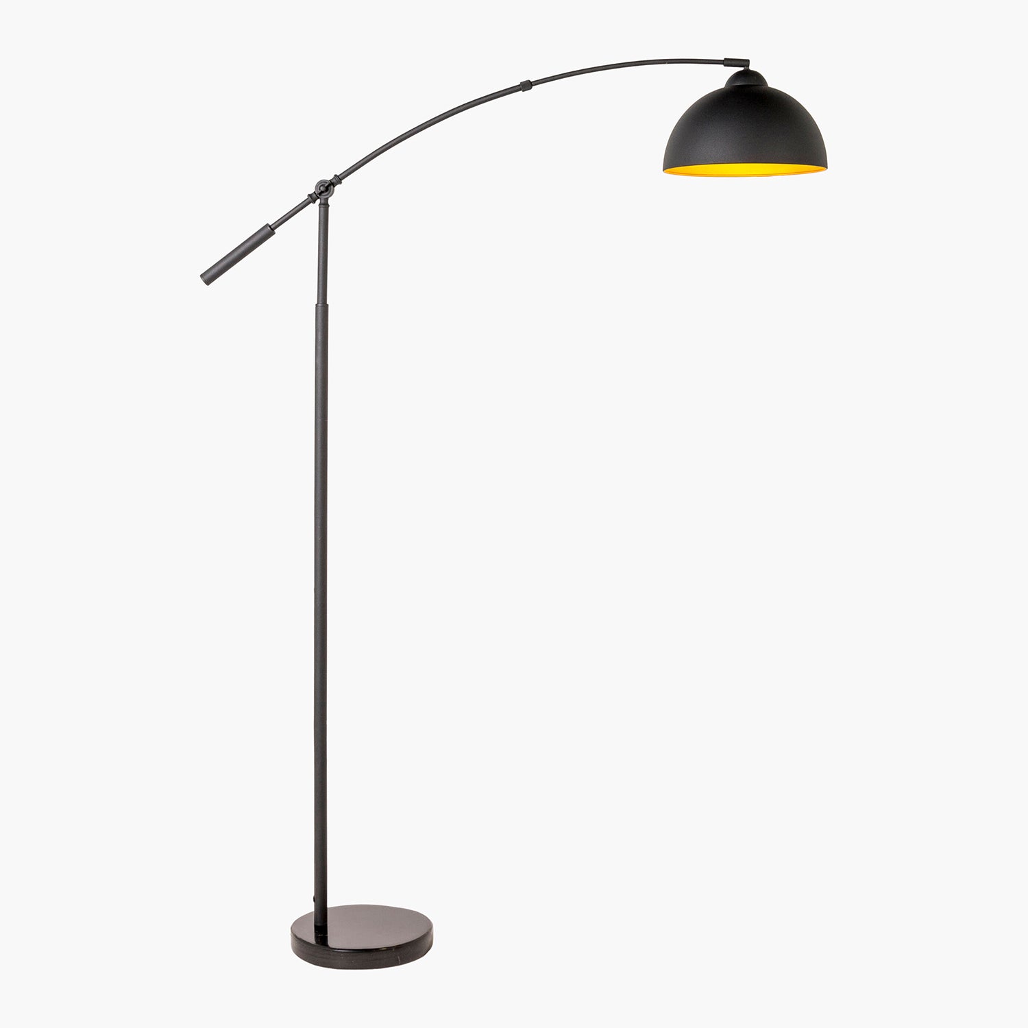 Black arch floor lamp with a yellow interior on a white background