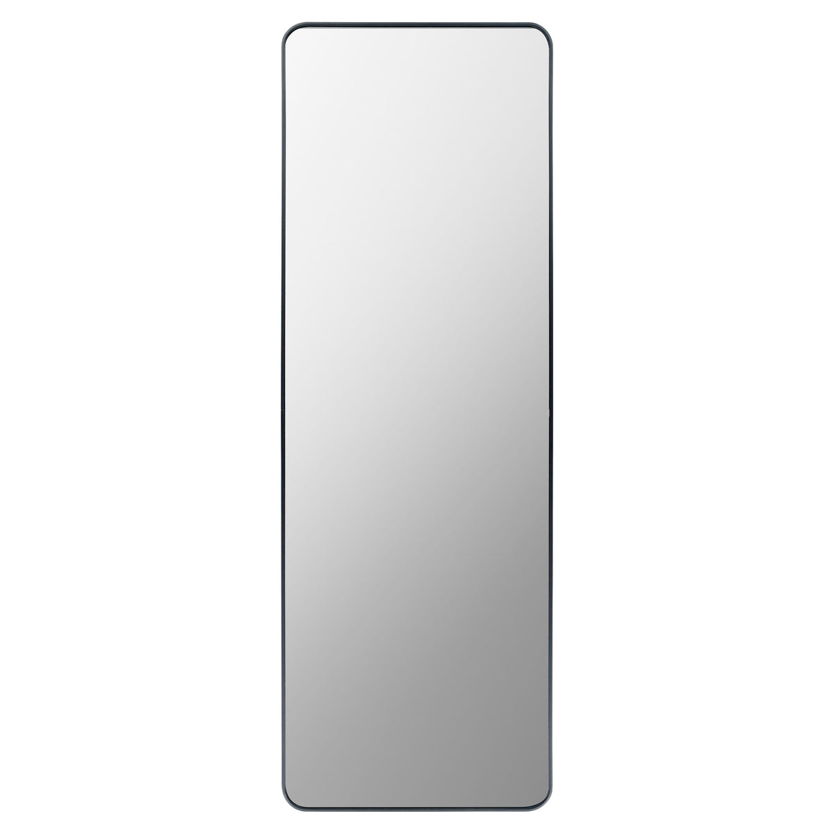 A tall, narrow rectangular wall mirror with rounded corners and a thin dark border, shown against a plain white background.