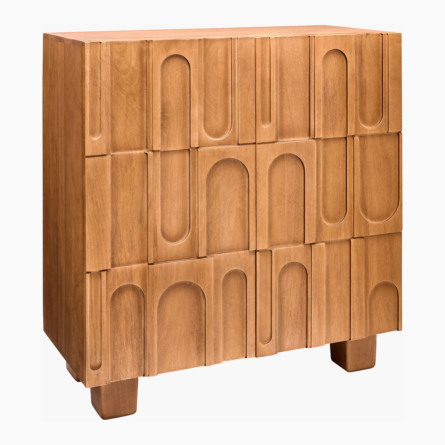 Wooden cabinet with geometric design on a white background