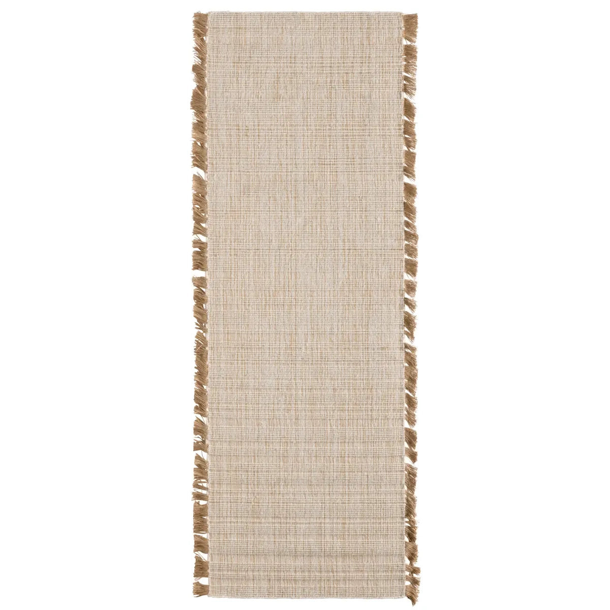 Beige woven runner with fringe on a white background