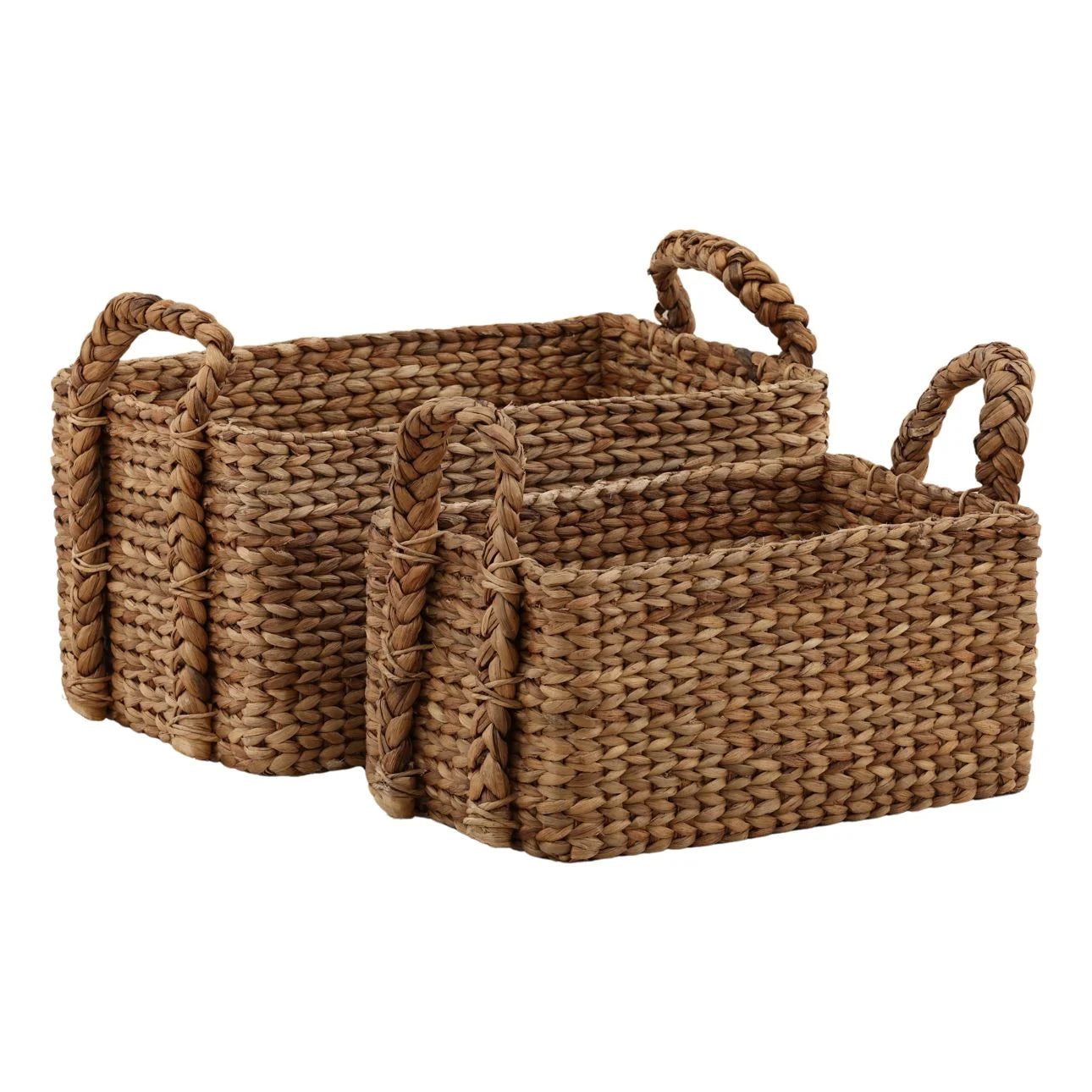 Two rectangular woven baskets with handles on a white background