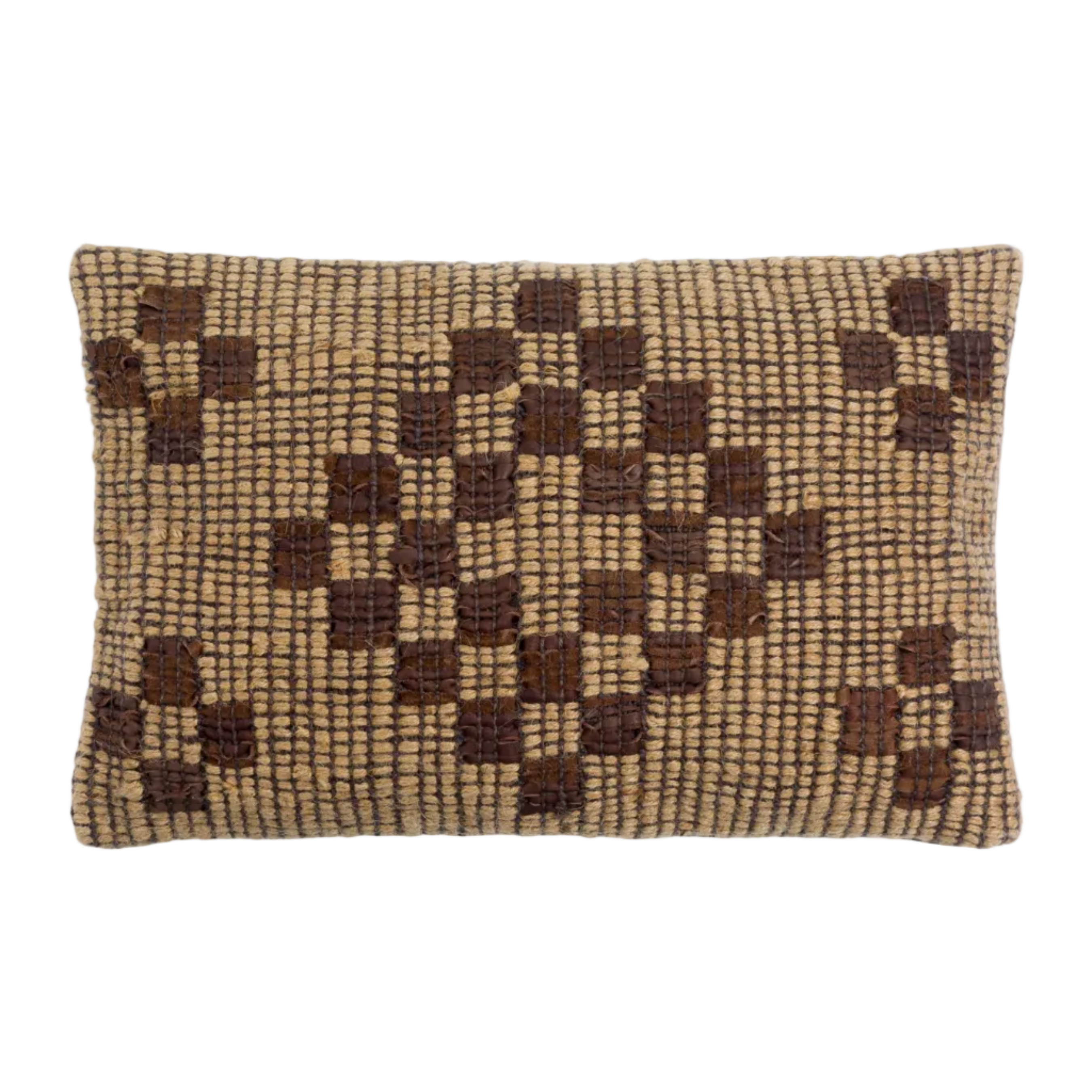 Brown geometric jute and leather handwoven throw pillow